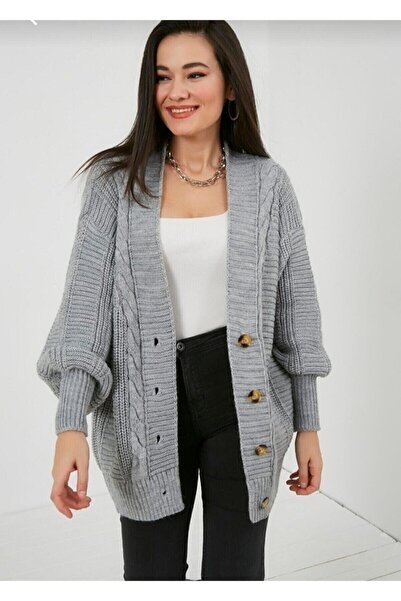 winter club Winter Clup Women's Gray Knitted Patterned Loose Cardigan