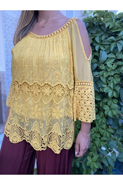 Bohemian Kadın Hardal Omzu Açık Ipek Bluz