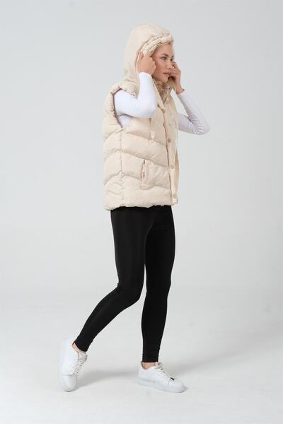 diaves Women's Ecru Hooded Lining Fiber Filled Short Puffer Vest