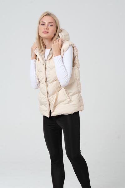 diaves Women's Ecru Hooded Lining Fiber Filled Short Puffer Vest