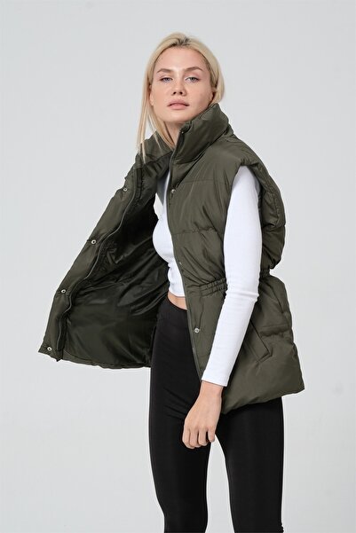 diaves Дамски пуф жилет в цвят каки с връзки на талията и подплата от фибри