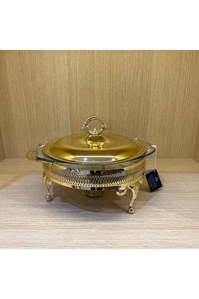 QUEEN ANNE Gold Plated Round Food Serving with Heater 29.5 X 23.5 X 19.5 Cm