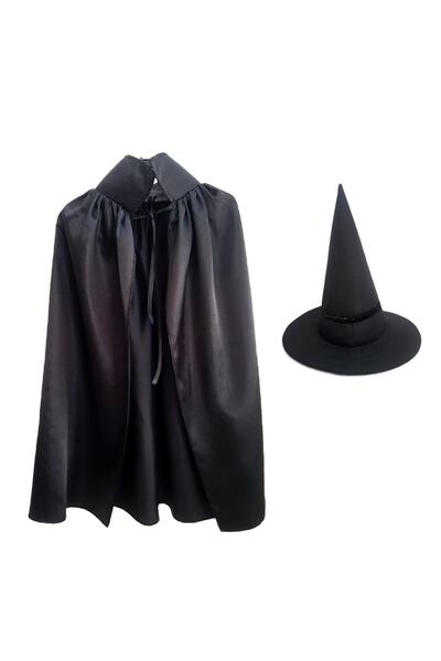 Gala Kostüm Hallowen Cadılar Bayramı Siyah Çocuk Cadı Şapkası Ve Pelerin (70CM) Set