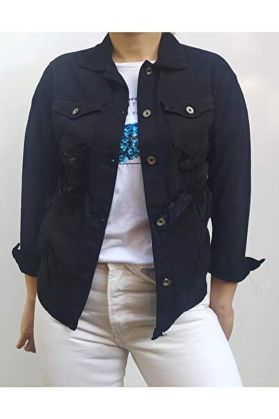 Hepsibitarz Kadın Siyah Yırtık Görünümlü Tarz Bayan Ceket