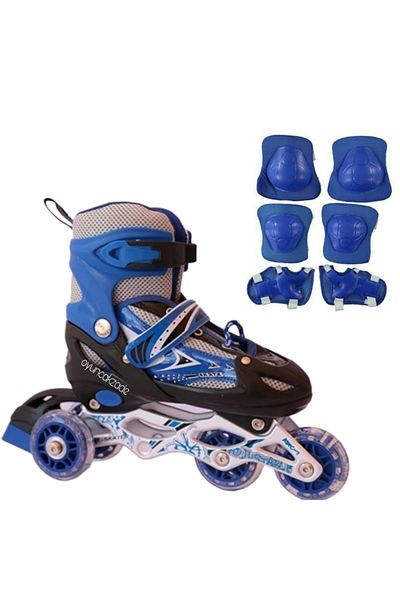 OyuncakZade Blue Adjustable Practice Beginner Skating + Knee Pad Bracelet Elbow Pad Set