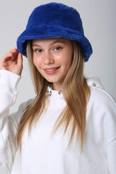 MARBERRY Bucket de pluș cu textura moale - Pălărie Saks Blue pentru femei