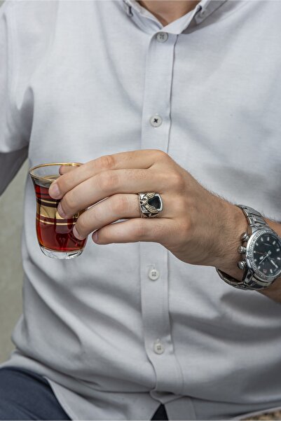 ALYANSEVİM Kartal Motifli Kare Siyah Oniks Taşlı 925 Gümüş Erkek Yüzük