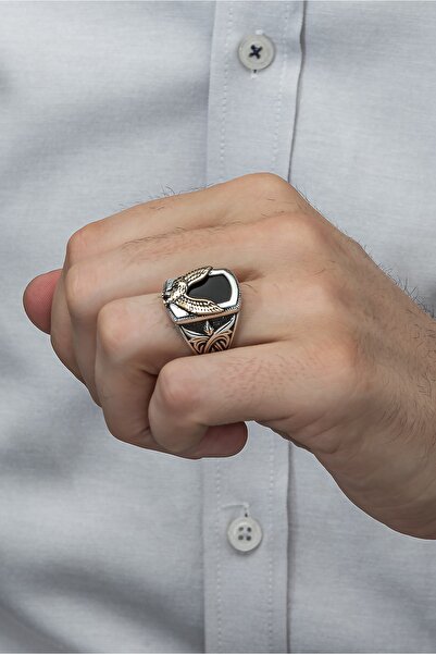 ALYANSEVİM Kartal Motifli Kare Siyah Oniks Taşlı 925 Gümüş Erkek Yüzük