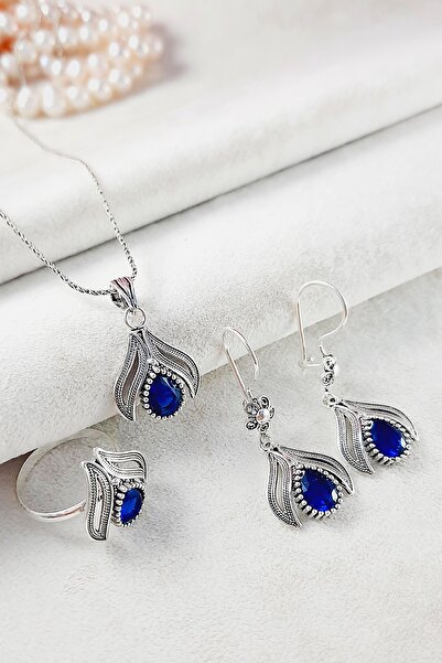 Altınışık Gümüşçülük 925 Ayar Gümüş Telkari Yaprak Modeli Safir Taşlı Takım A...