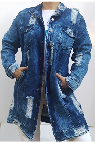 Hepsibitarz Kadın Mavi Kürklü Kot Jeans Ithal Tasarım Ceket Kaban