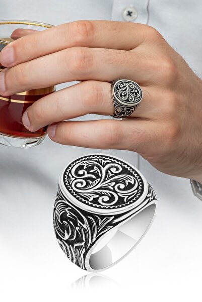 ALYANSEVİM Oyma Desenli Oval Taşsız 925 Gümüş Erkek Yüzük