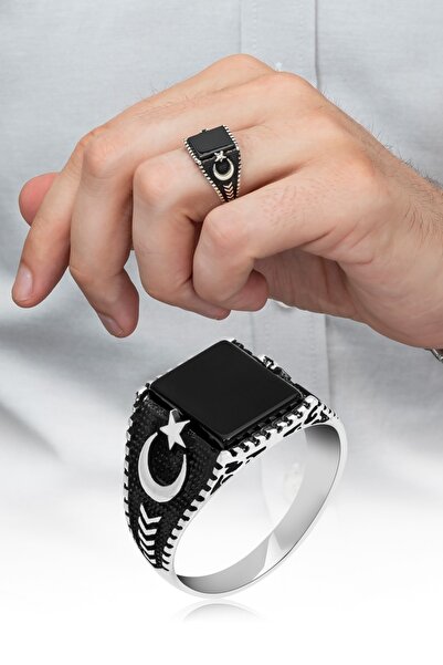 ALYANSEVİM Ayyıldız Motifli Kare Siyah Oniks Taşlı 925 Gümüş Erkek Yüzük