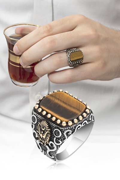 ALYANSEVİM Osmanlı Devleti Armalı Kaplan Gözü Taşlı 925 Gümüş Erkek Yüzük