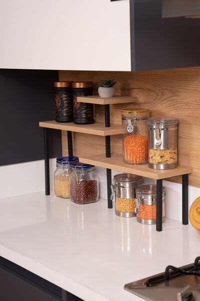 Mudesa Metal Ahşap Mutfak Köşe Rafı Tezgah Üstü Düzenleyici Banyo Mutfak Rafı Baharatlık