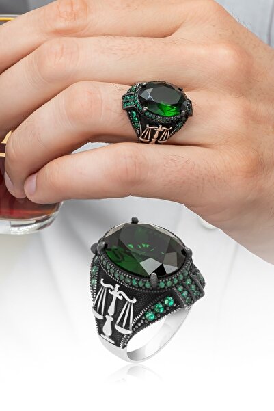 ALYANSEVİM Adalet Terazisi Yeşil Taşlı 925 Gümüş Erkek Yüzük