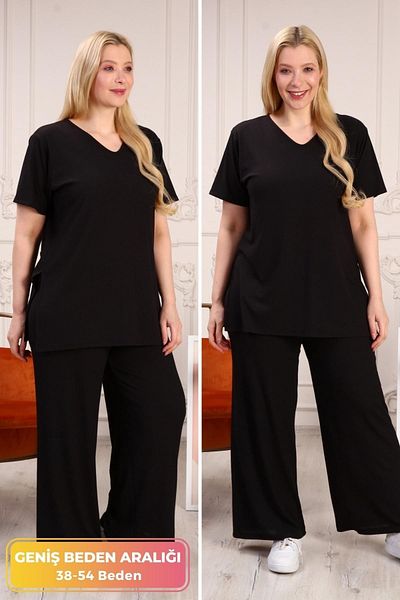 tarzımsüper Large Size Organic Cotton Tracksuit Set with Side Slit Ribbed Model Hijab Stylish Suit Black