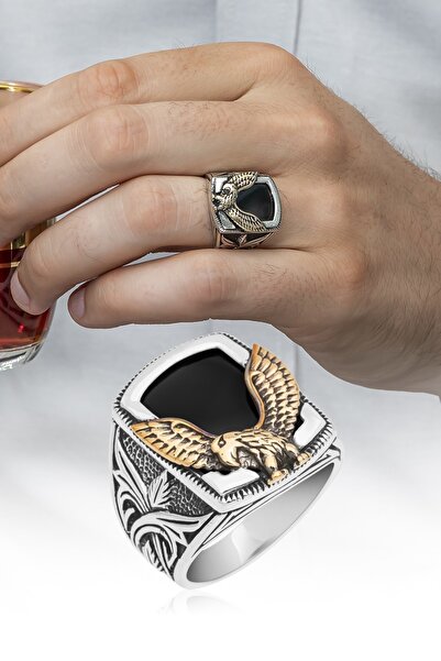 ALYANSEVİM Kartal Motifli Kare Siyah Oniks Taşlı 925 Gümüş Erkek Yüzük