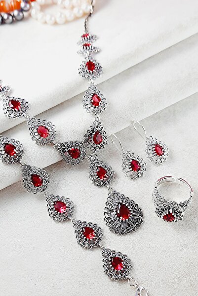 Altınışık Gümüşçülük 925 Ayar Gümüş Telkari Yakut Taşlı Damla Modeli Takım Ay...