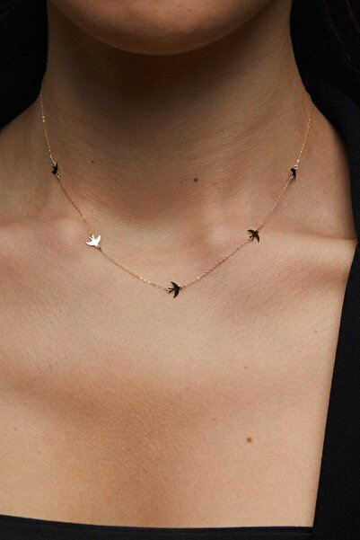 GÜMÜŞ Has Altın Kaplama Minimal Çoklu Kuş 925k Kolye