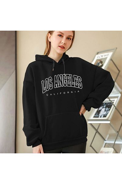 Trend Sizde Unisex Black Los Angles California Printed Hooded Sweatshirt