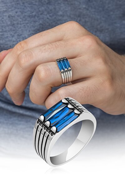 ALYANSEVİM 3 Sıra Baget Taşlı Mavi Taşlı 925 Gümüş Erkek Yüzük