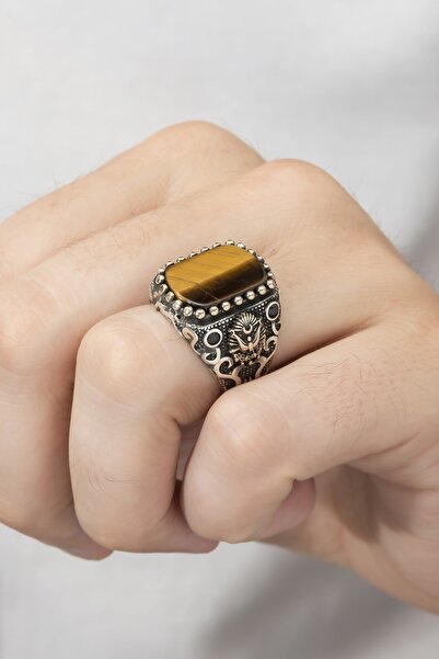 ALYANSEVİM Osmanlı Devleti Armalı Kaplan Gözü Taşlı 925 Gümüş Erkek Yüzük