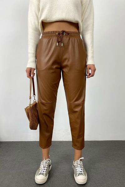 ORZUQLIFE Beli Bağcıklı Diz Dikiş Detay Deri Pantolon