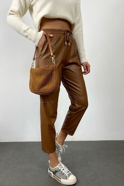 ORZUQLIFE Beli Bağcıklı Diz Dikiş Detay Deri Pantolon