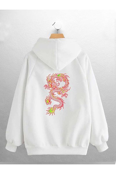 Joza Outdoors Unisex Γυναικείο Ανδρικό Σχέδιο Dragon Printed White Oversize Sweat