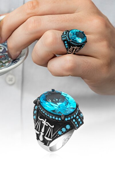 ALYANSEVİM Adalet Terazisi Aqua Mavi Taşlı 925 Gümüş Erkek Yüzük