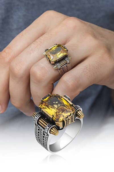 ALYANSEVİM Sitrin Taşlı Kare Tasarım 925 Gümüş Erkek Yüzük