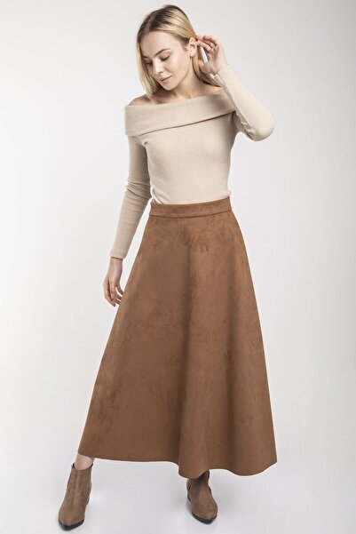 modabirsen Fusta de damă maro uni Mevlana din piele intoarsa