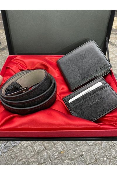 Karalı Deri Karali Leather Black Men's Leather Wallet Belt Card Holder Portfolio Gift Boxed Set