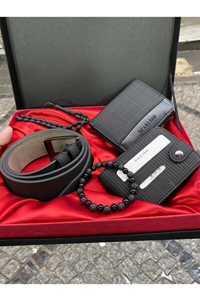 Karalı Deri Erkek Deri Cüzdan Kemer Kartlık Bileklik Tesbih Portföy Kutulu Seti