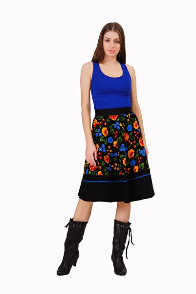 İna تنورة شتوية متوسطة الطول منقوشة بزهرة القطيفة من الفانيلا ديفيتين واسعة ع...