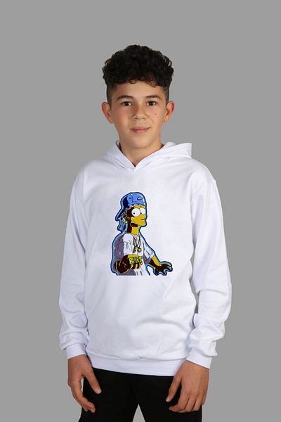 Raf Coll Hanorac alb cu glugă pentru copii Bart Simpson, imprimat digital, cu două fire în interior