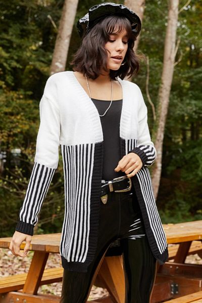 AQE FASHION Women's Stripe Detailed Ecru Cardigan