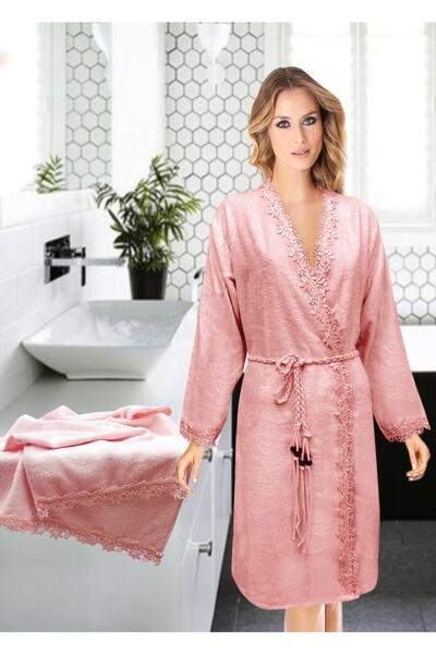 Pamuk Dantelli Kimono Bornoz Seti