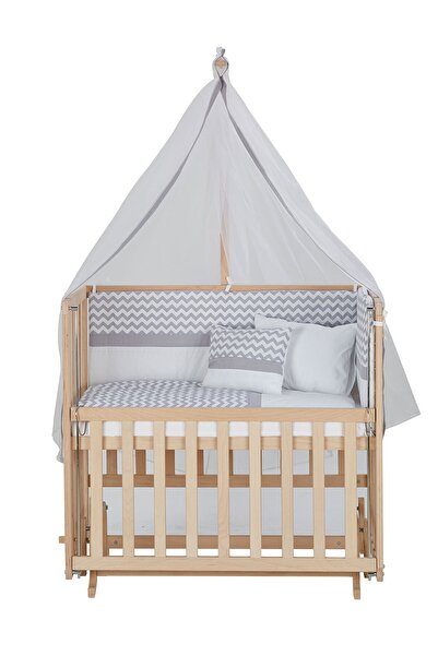 Baby Tech 50x90 Naturel Boyasız 4 Kademeli Beşik + Gri Zikzak Uyku Seti