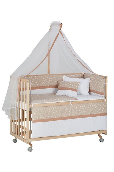 Baby Tech 60x120 Naturel Boyasız 4 Kademeli Tekerlekli Beşik + Kahve Yıldızlı...