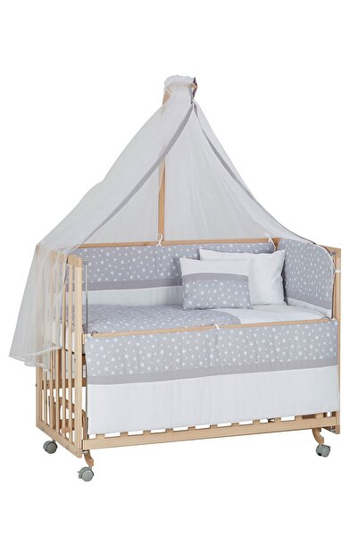 Baby Tech 60x120 Naturel Boyasız 4 Kademeli Tekerlekli Beşik + Gri Yıldızlı U...
