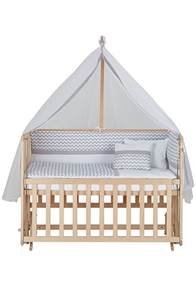 Baby Tech 70x130 Naturel Boyasız 4 Kademeli Beşik + Gri Zikzak Uyku Seti