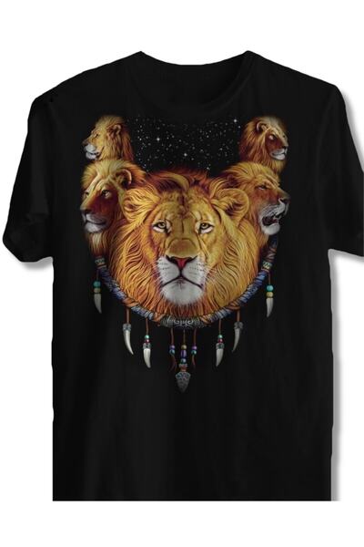 Erkek Siyah Aslan Baskılı T-shirt