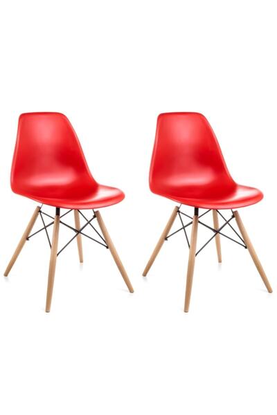 Dorcia Home Yuvarlak Ahşap Ayaklı Ahşap Masa Ve 2 Adet Kırmızı Eames Sandalye Seti Mutfak-balkon-bahçe Takımı