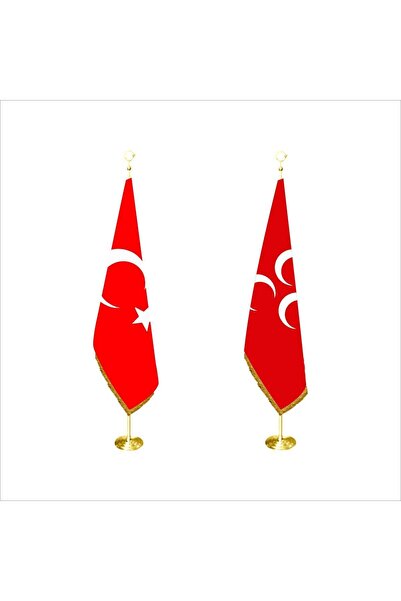 bayrakal Kırmızı Üç Hilal Ve Türk Makam Bayrağı Pirinç Direkli