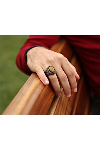 ALYANSEVİM Gümüş Kaplan Gözü Taşlı Vav Desenli Erkek Yüzük