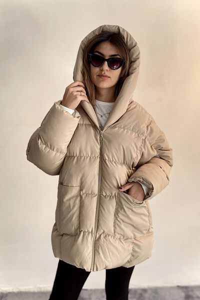 NOMBRE d'Or1 Palton puf oversize, bej, cu glugă