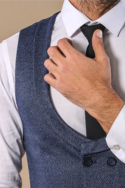 Wessi Erkek Mavi Slim Fit Desenli Kruvaze Yelek Set
