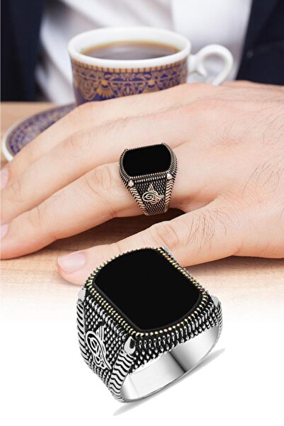 ALYANSEVİM Siyah Oniks Taşlı Tuğra Desenli 925 Gümüş Erkek Yüzük