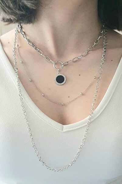 EDWOL Kadın Siyah Gümüş Kaplama Taşlı Üçlü Zincir Kolye